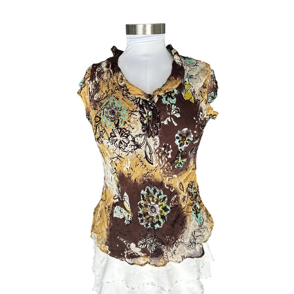 Style & Co. Tops - Style Co Petite Brown Floral Short Sleeve Button Neck Blouse Top Size 12P